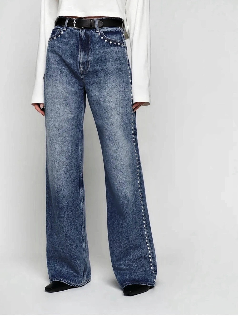 Reformation Cary High Rise Slouchy Wide Leg Jeans Studded NWT